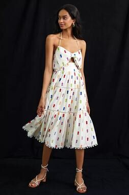 Farm Rio Pineapple Cutout Halter Neck Tiered Midi Sundress White Multi Small